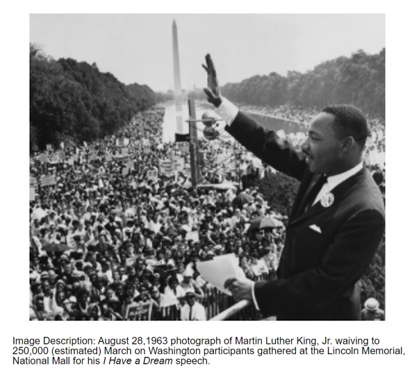 Martin Luther King Jr. waves to supporters from the steps of the Lincoln Memorial on Aug. 28, 1963, during the March on Washington. 