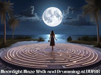 AI generated artwork of woman at the center of a labyrinth in a palm beach under a full moon