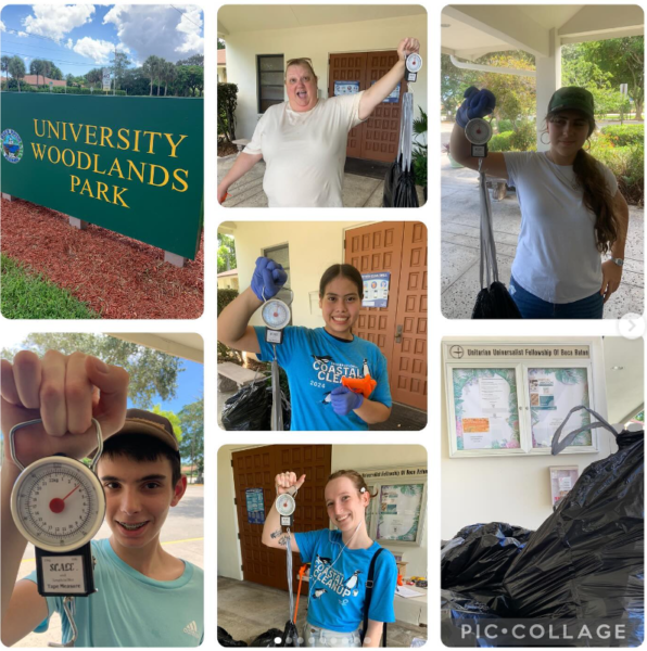 Collage of Coastal Cleanup 2024 in University Woodlands Park, playground, and parking lots.